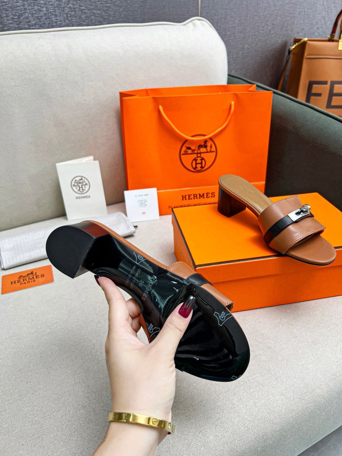 Gigi 50 Sandal Tan Black Calfskin