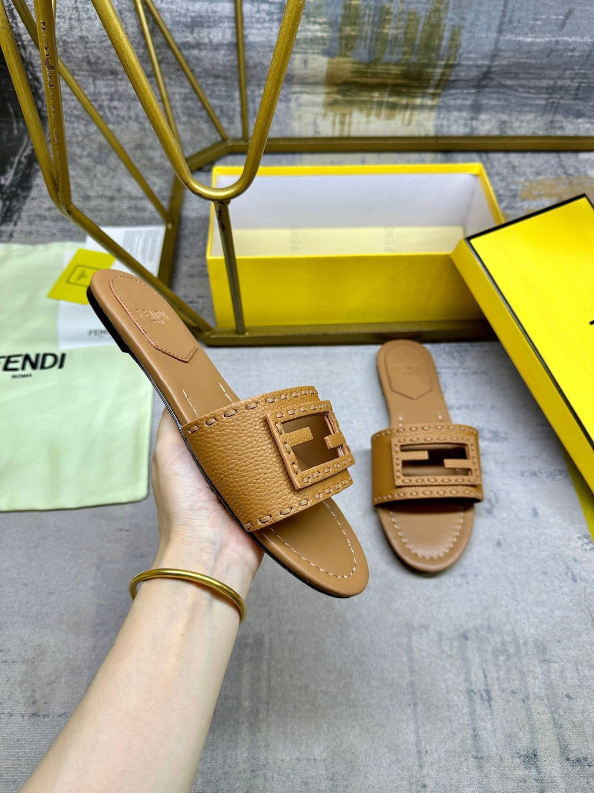 Fendi Baguette Slide Camel Leather