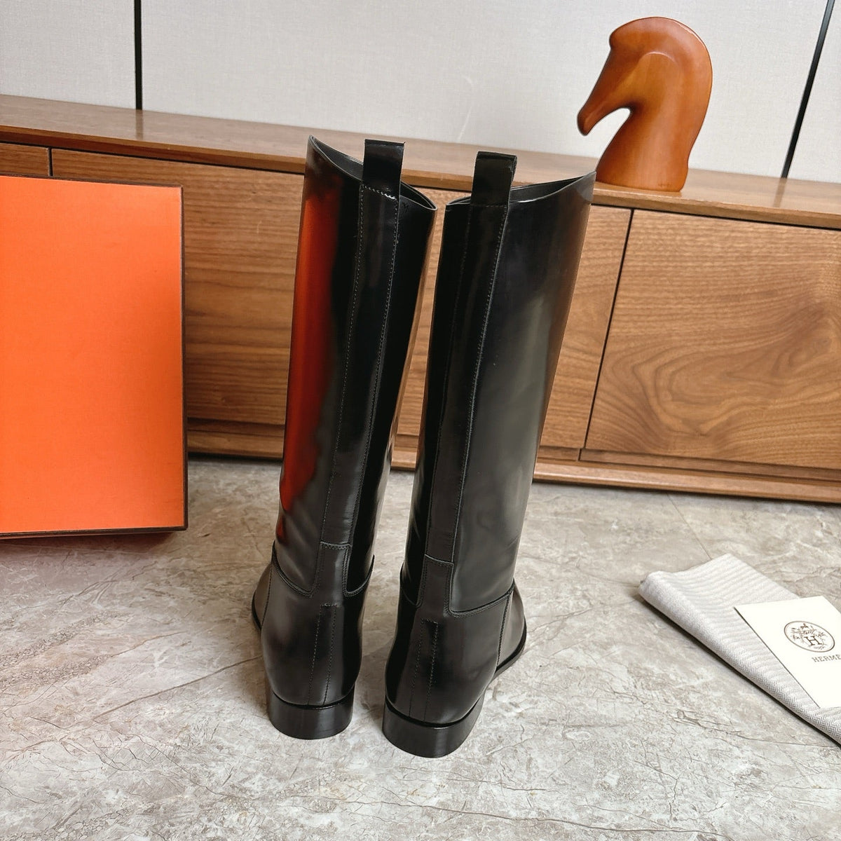 HM FW Pointed-Toe Riding Boots Black Patent Leather 541261
