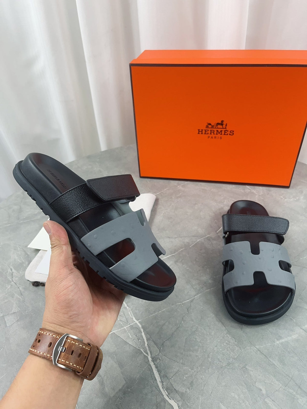 chypre sandal black grey calfskin