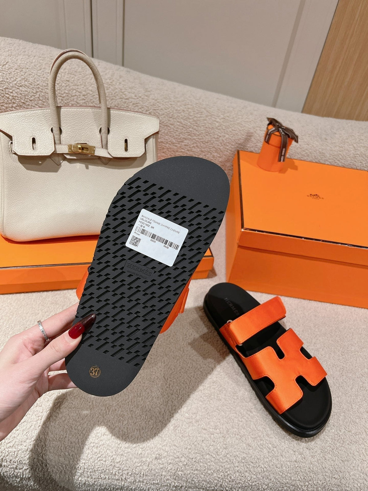 CHYPRE SANDAL BLACK MIX DARK ORANGE CALFSKIN