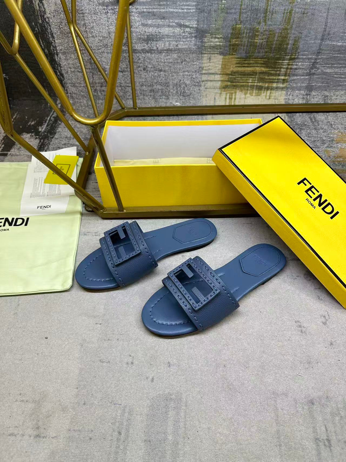 Fendi Baguette Slides Embroidered Dark Blue Nappa Leather 826559