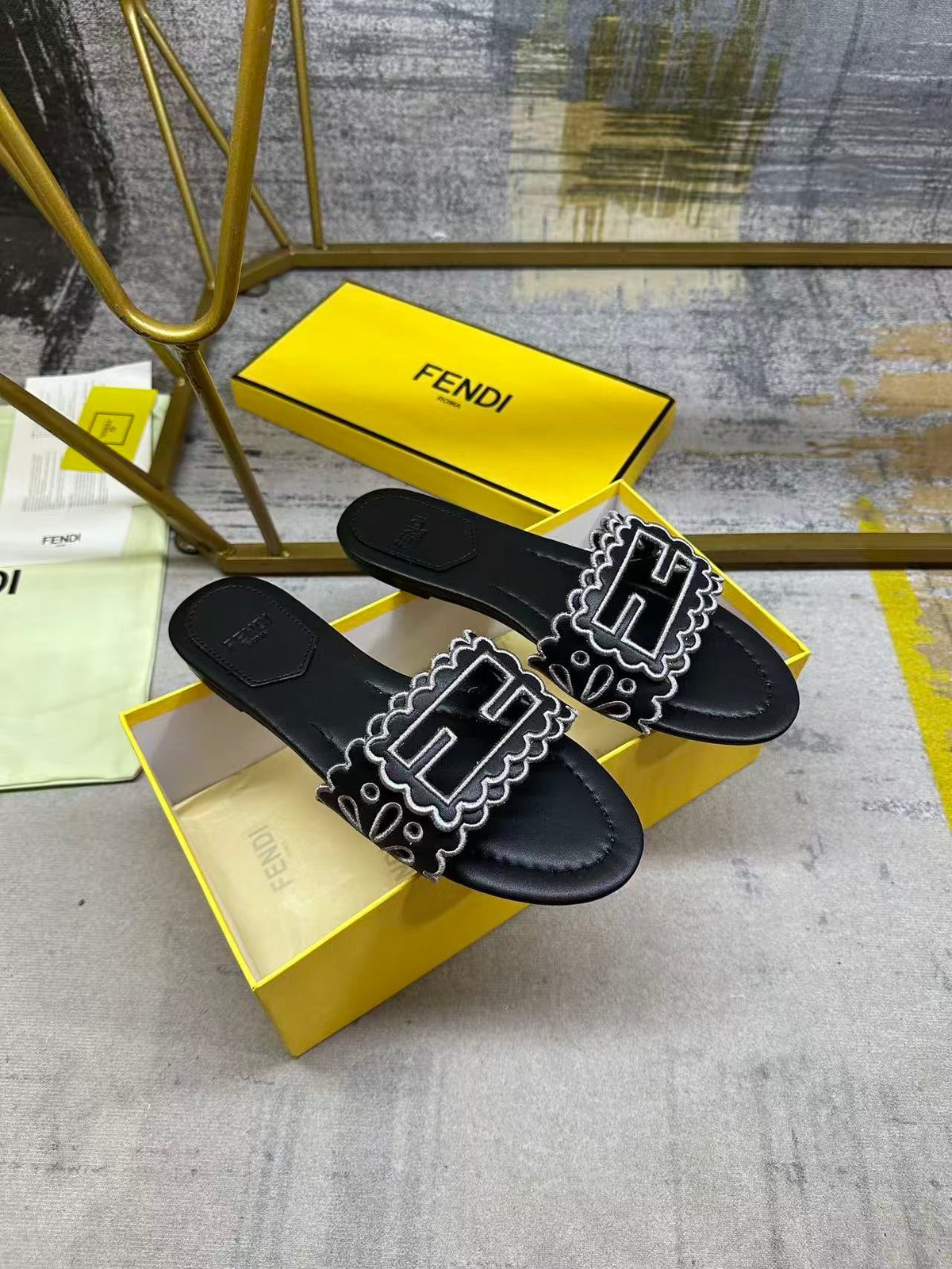 Fendi Baguette Slides Embroidered Black Nappa Leather 826561