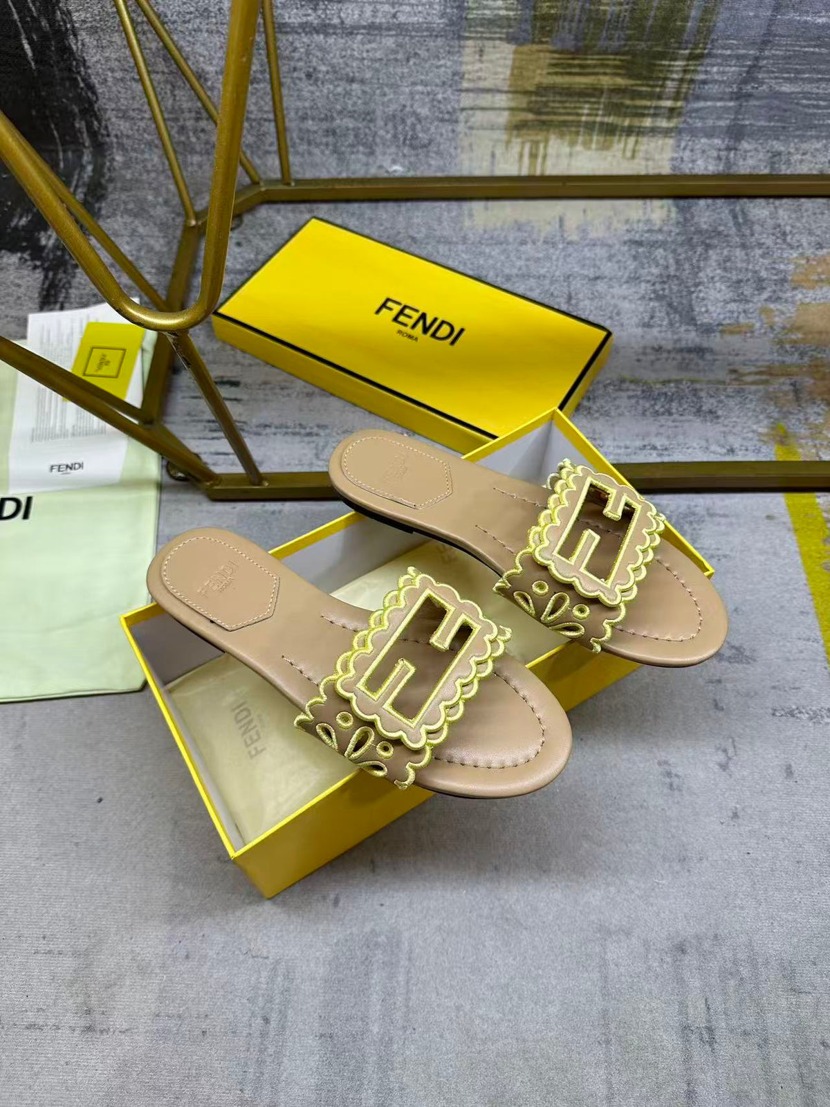 Fendi Baguette Slides Embroidered Beige Nappa Leather 826564