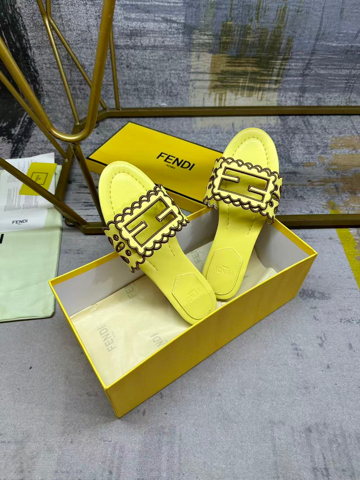 Fendi Baguette Slides Embroidered Yellow Nappa Leather 826565