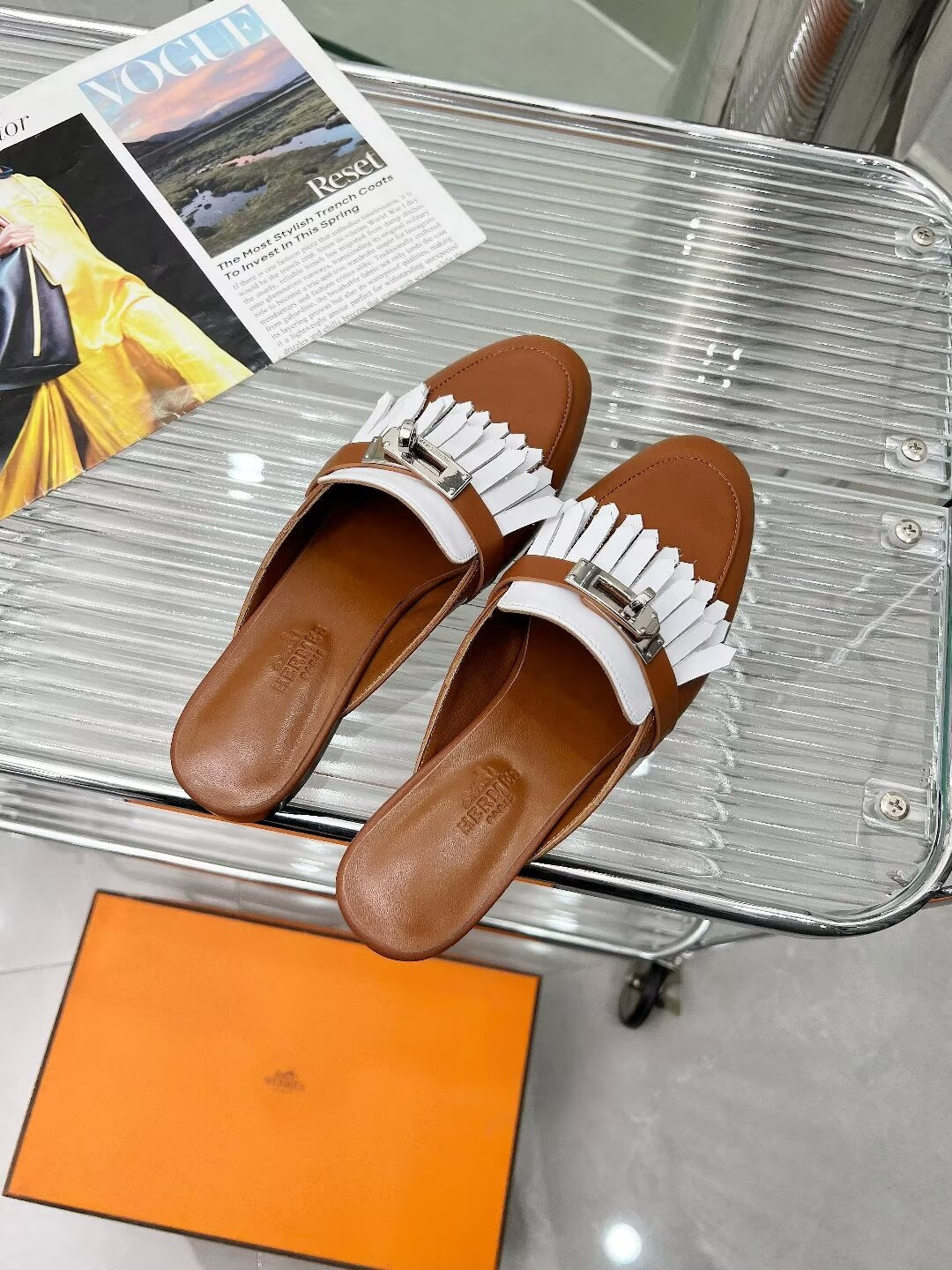 OZ MULE CARAMEL MIX FRINGED WHITE CALFSKIN