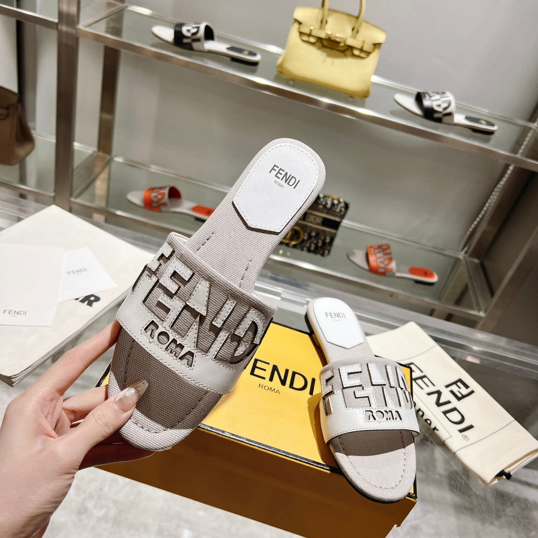 FF Women Roma Signature White Grey Canvas Leather Slide