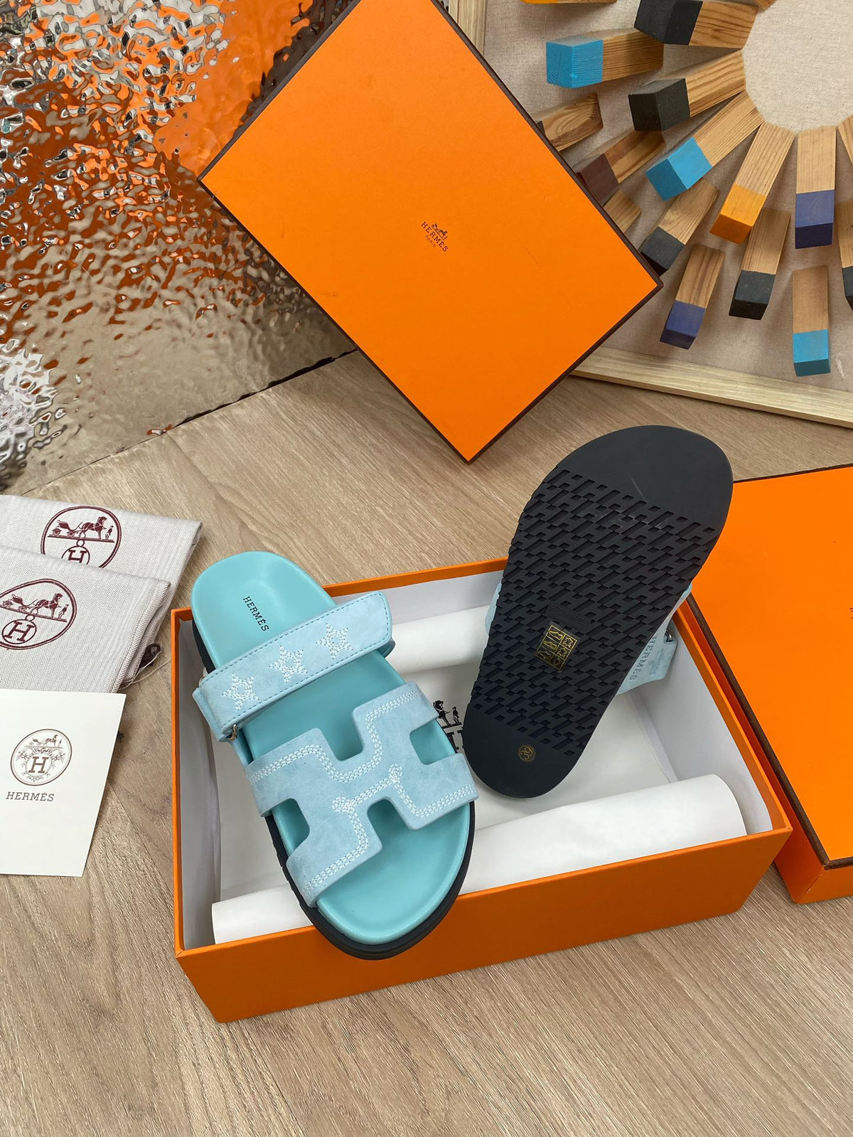 chypre sandal turquoise blue suede calfskin white thread embroidered