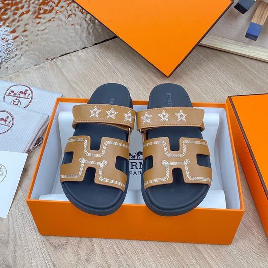 chypre sandal brown black calfskin white thread embroidered