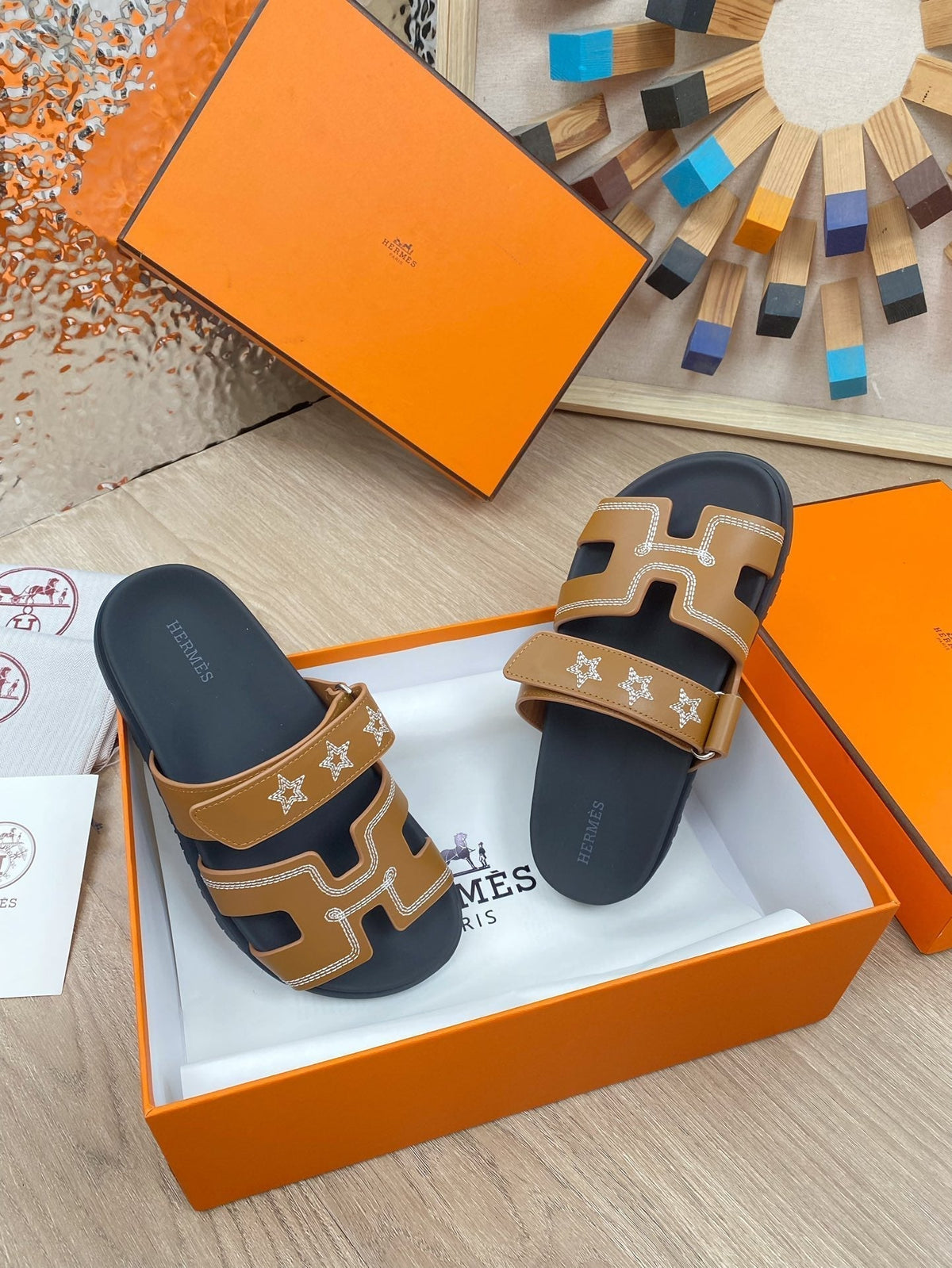 chypre sandal brown black calfskin white thread embroidered