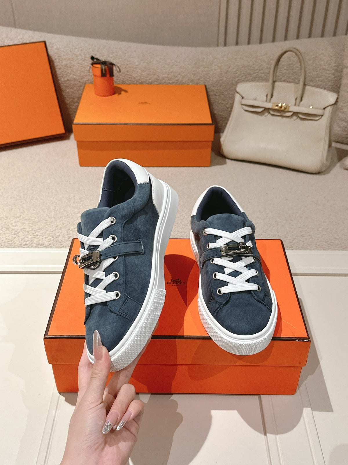HM Day Sneakers White Dark Blue Suede Calfskin 577510