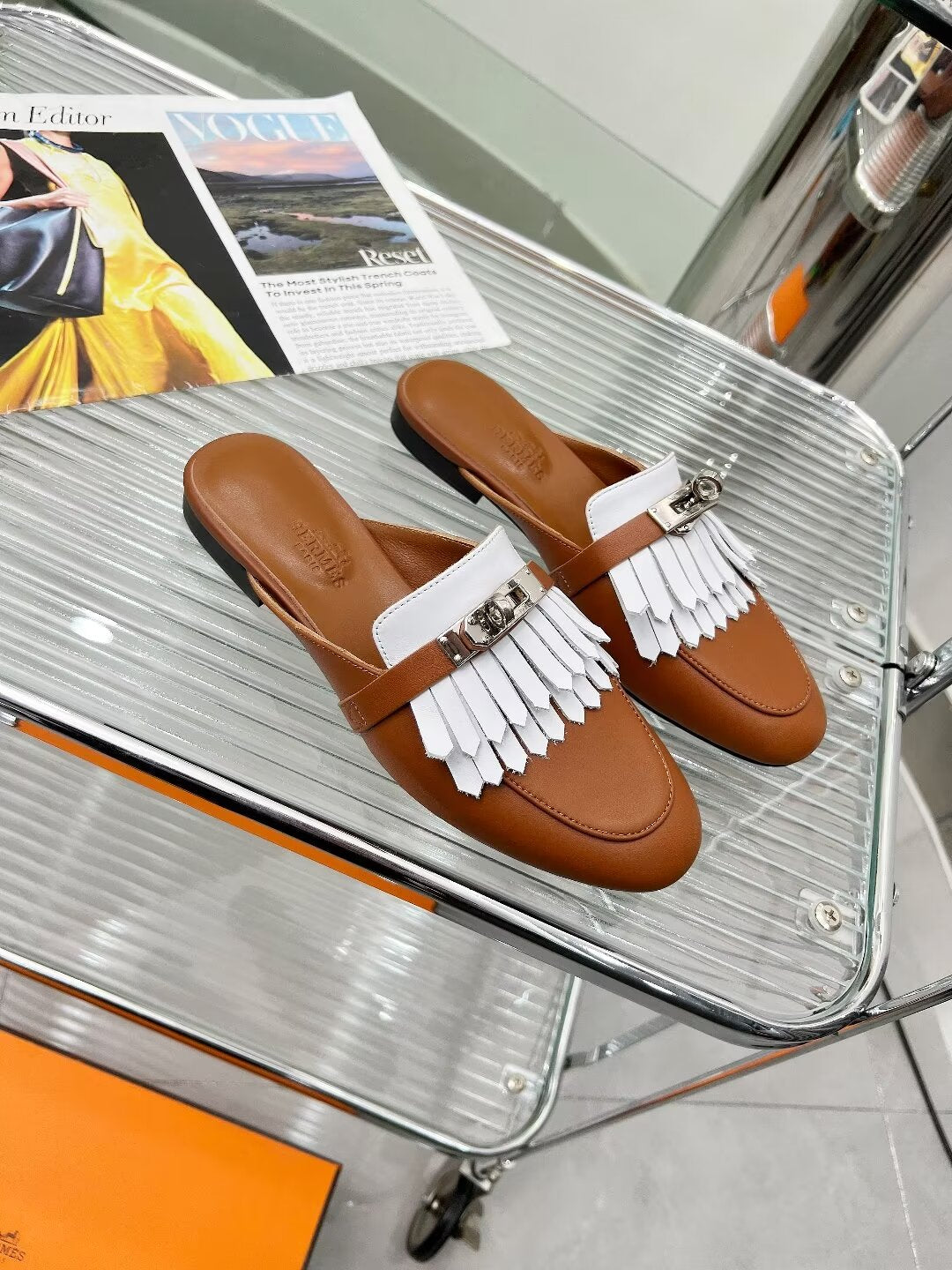 OZ MULE CARAMEL MIX FRINGED WHITE CALFSKIN