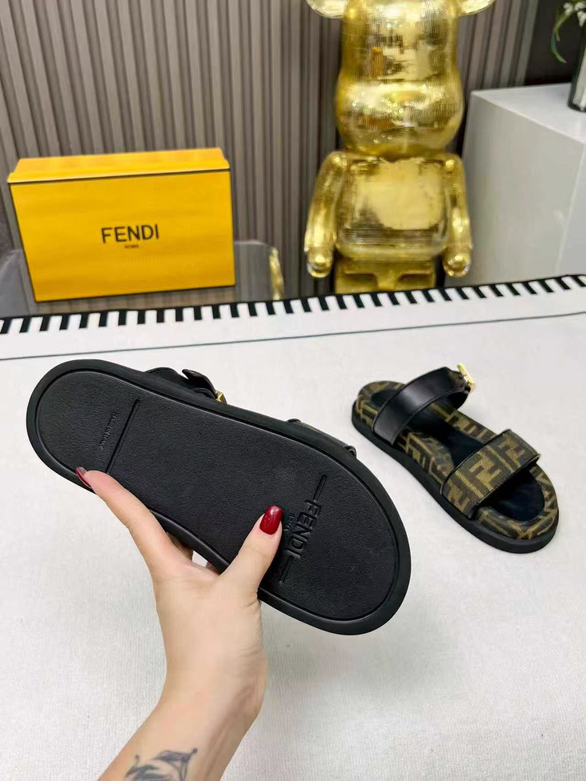 Fendi 2025 FF Logo Double Strap Sandal Brown Black Leather Canvas