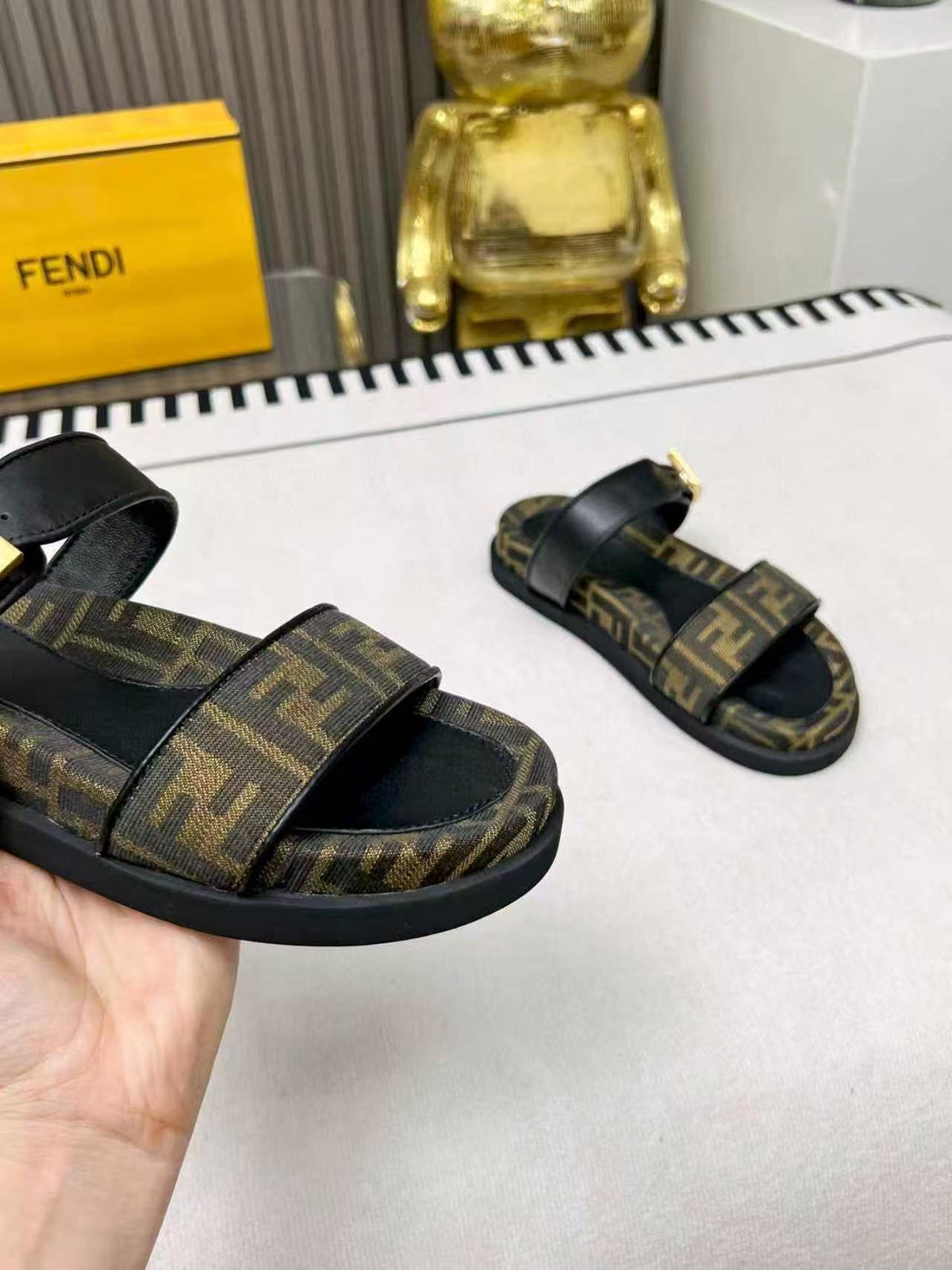 Fendi 2025 FF Logo Double Strap Sandal Brown Black Leather Canvas