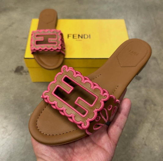 Fendi Baguette Slides Embroidered Brown Nappa Leather
