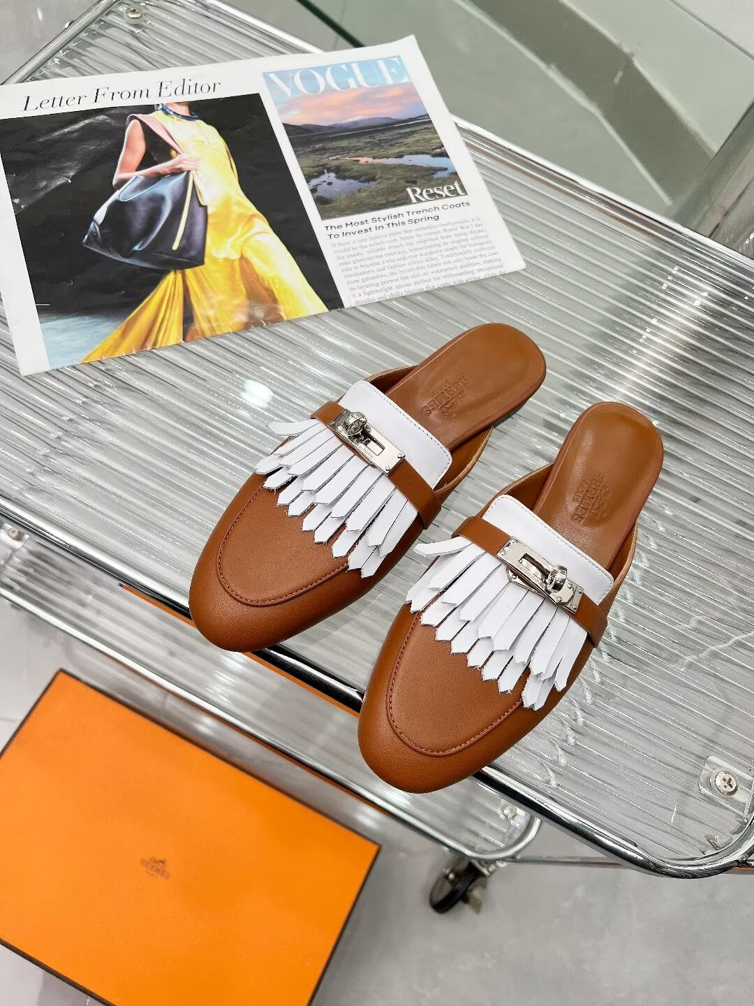 OZ MULE CARAMEL MIX FRINGED WHITE CALFSKIN