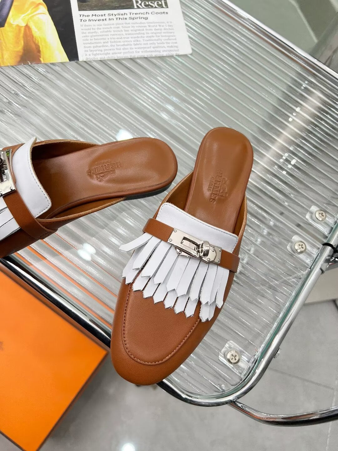 OZ MULE CARAMEL MIX FRINGED WHITE CALFSKIN