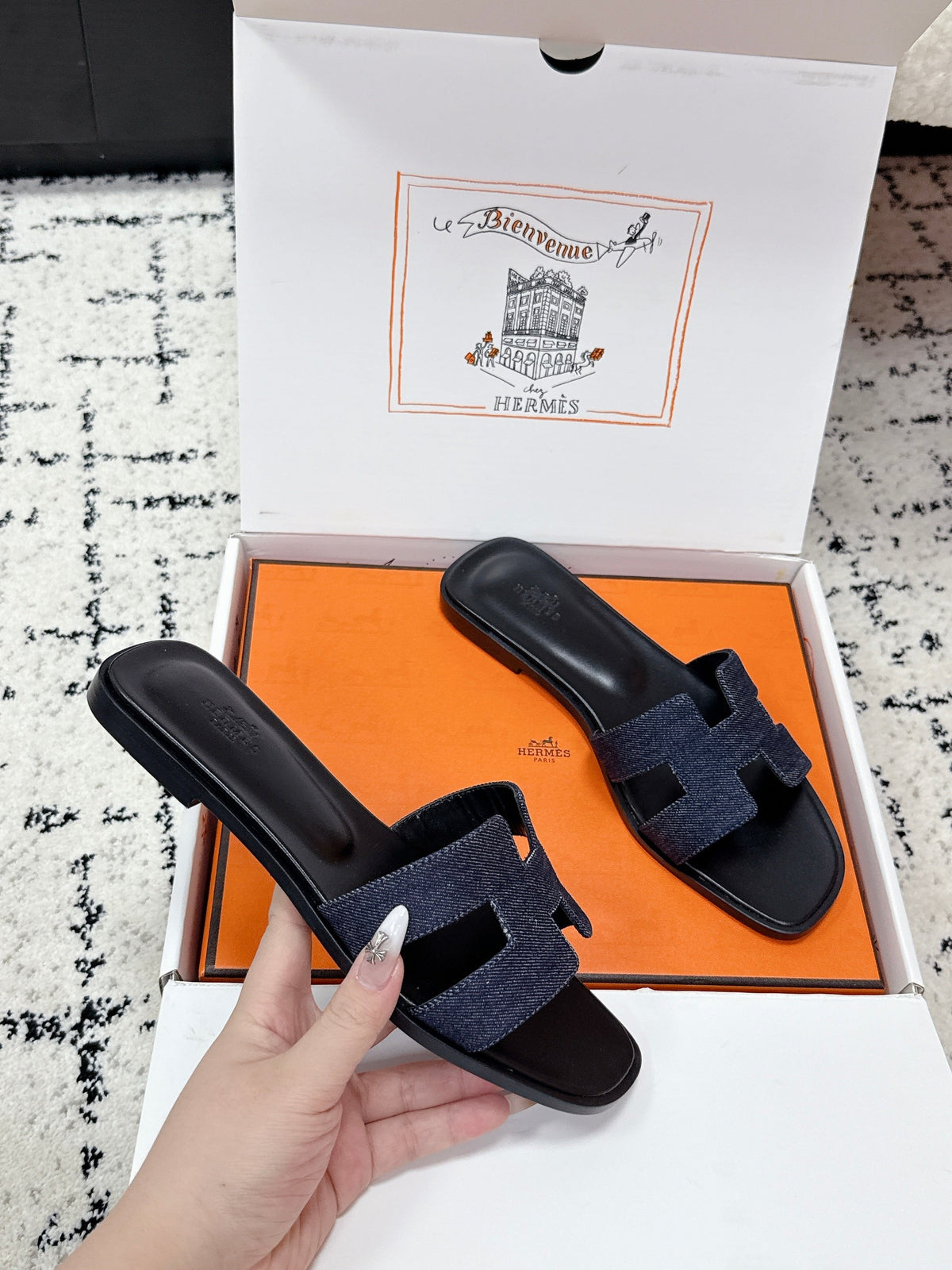 HM 26ss Oran Sandals Blue Black Denim Cowhide 617182