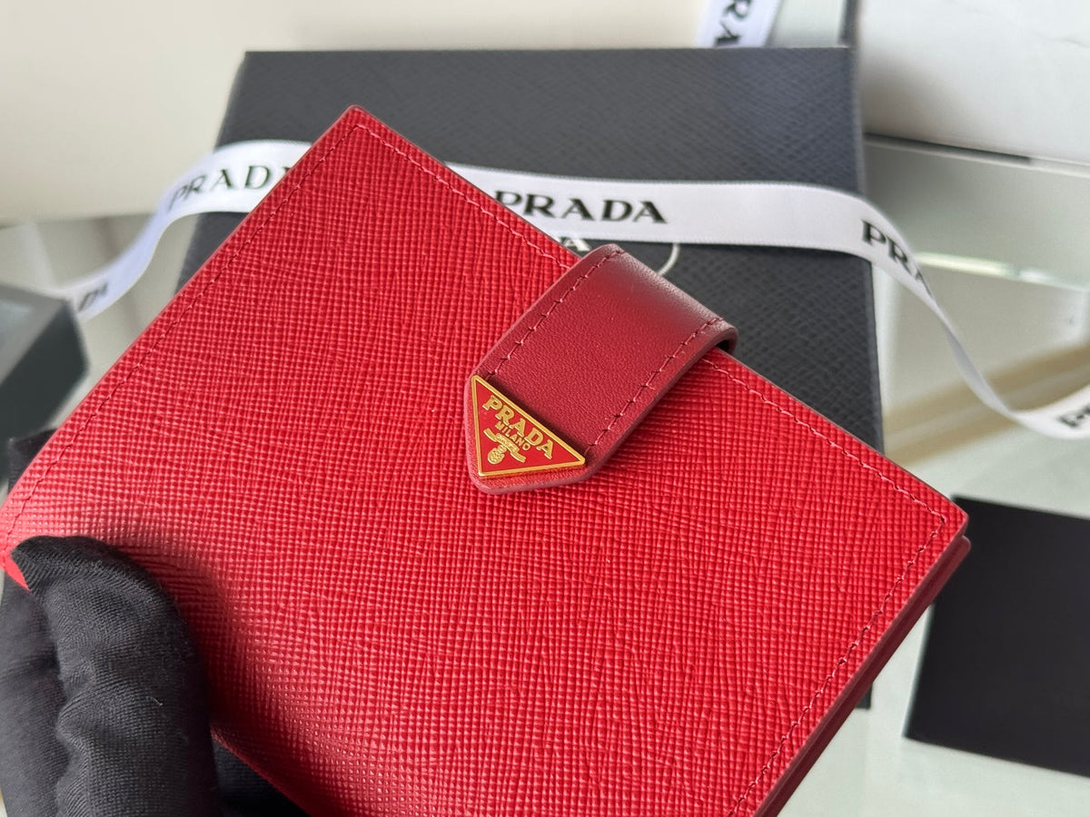 Pra 1MV204 Small Wallet Red Saffiano & Smooth Leather