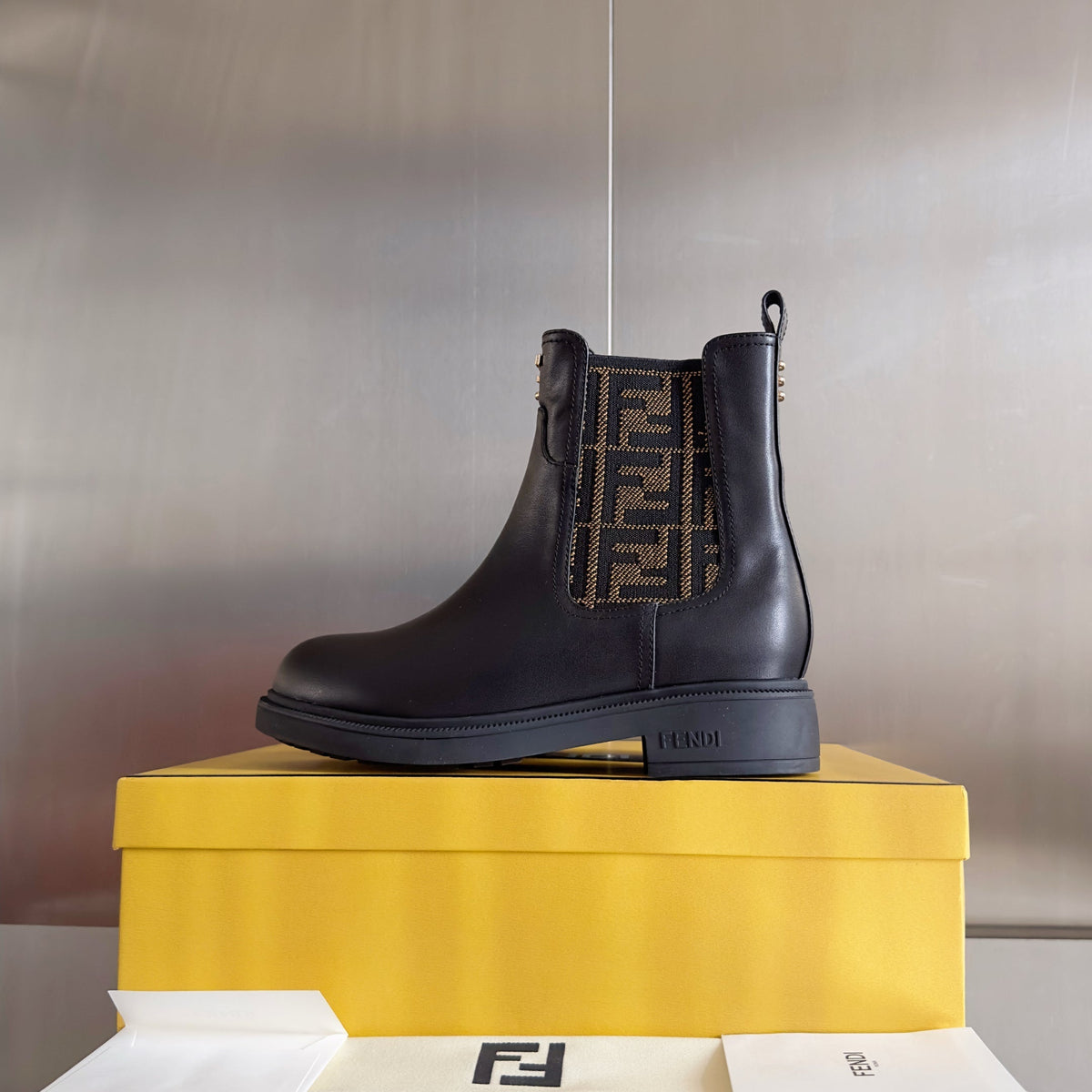 Fendi 2025 FF Monogram Chelsea Boot Black Brown Leather Fabric 553105