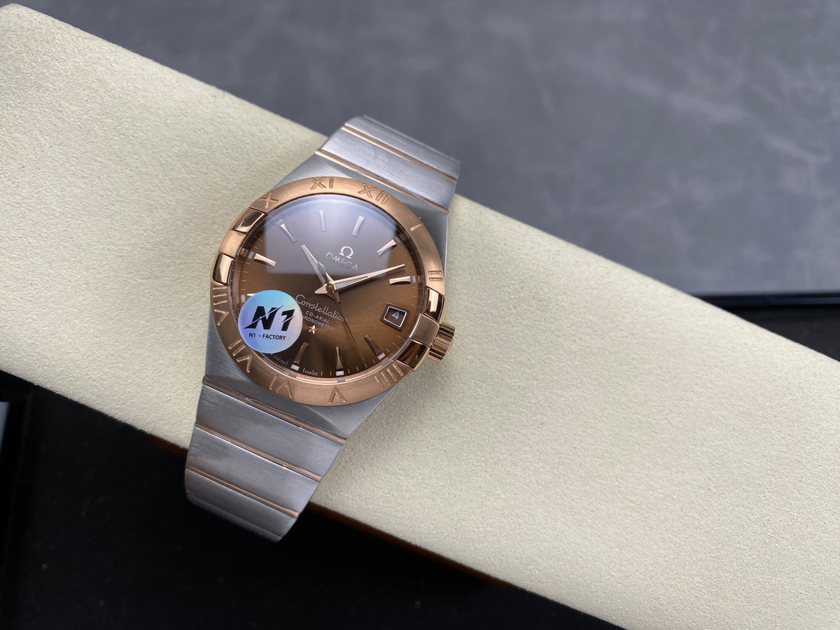 Omega Constellation Co-Axial Chronometer 38mm Pink Gold Steel Case Brown Dial