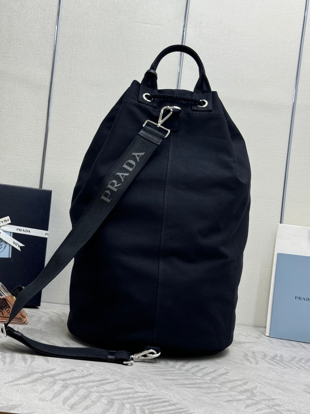 Prada 25s Drawstring Backpack 55 In Black Canvas Linen Silver Hardwre