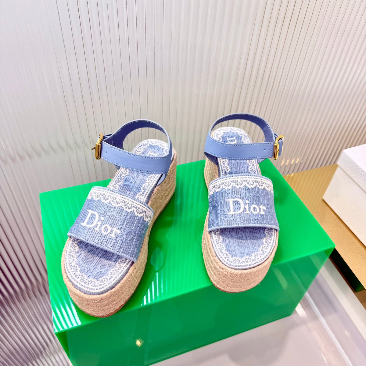 CD Dentelle Wedge Sandals Light Blue Cotton 832471