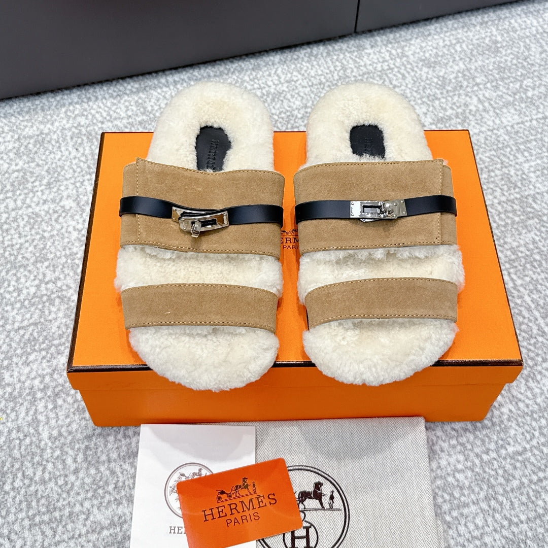 HM Kelly slippers Khaki Cowhide Suede Fur 462204