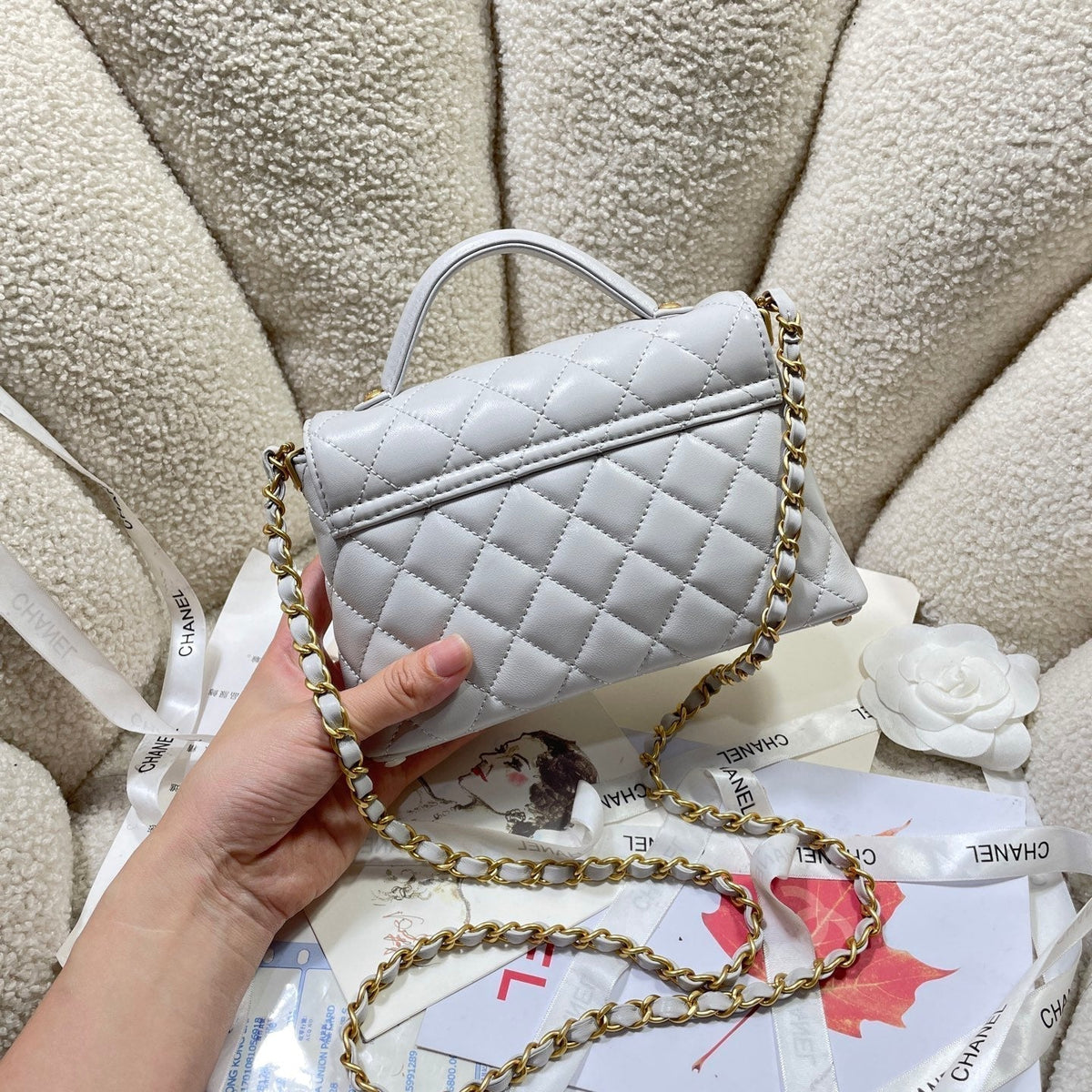 CC 25P Mini Flap Bag 20cm Top Handle Grey Calfskin Gold Hardware