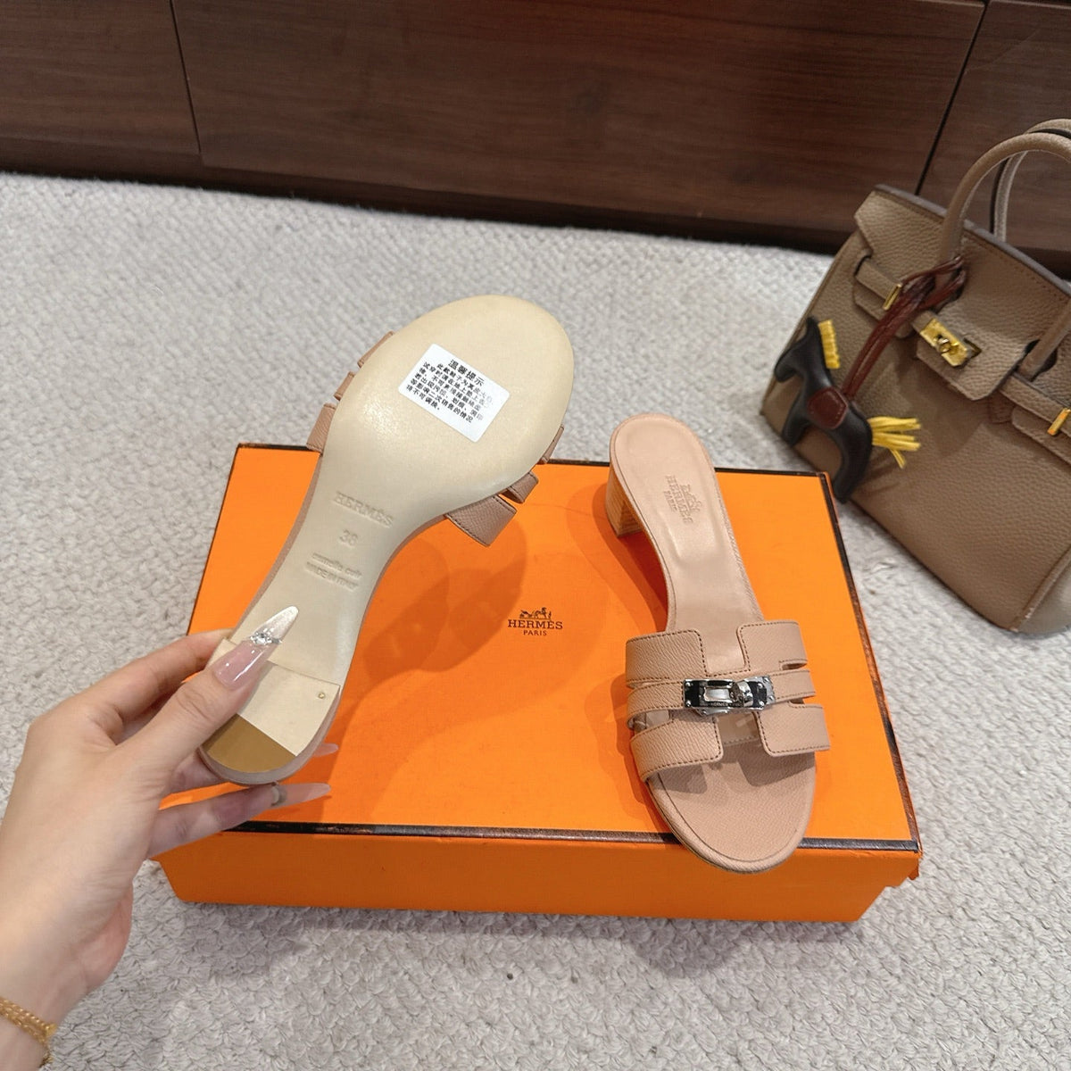 HM Kelly Buckle Sandals 5cm Peach Pink Leather 804987