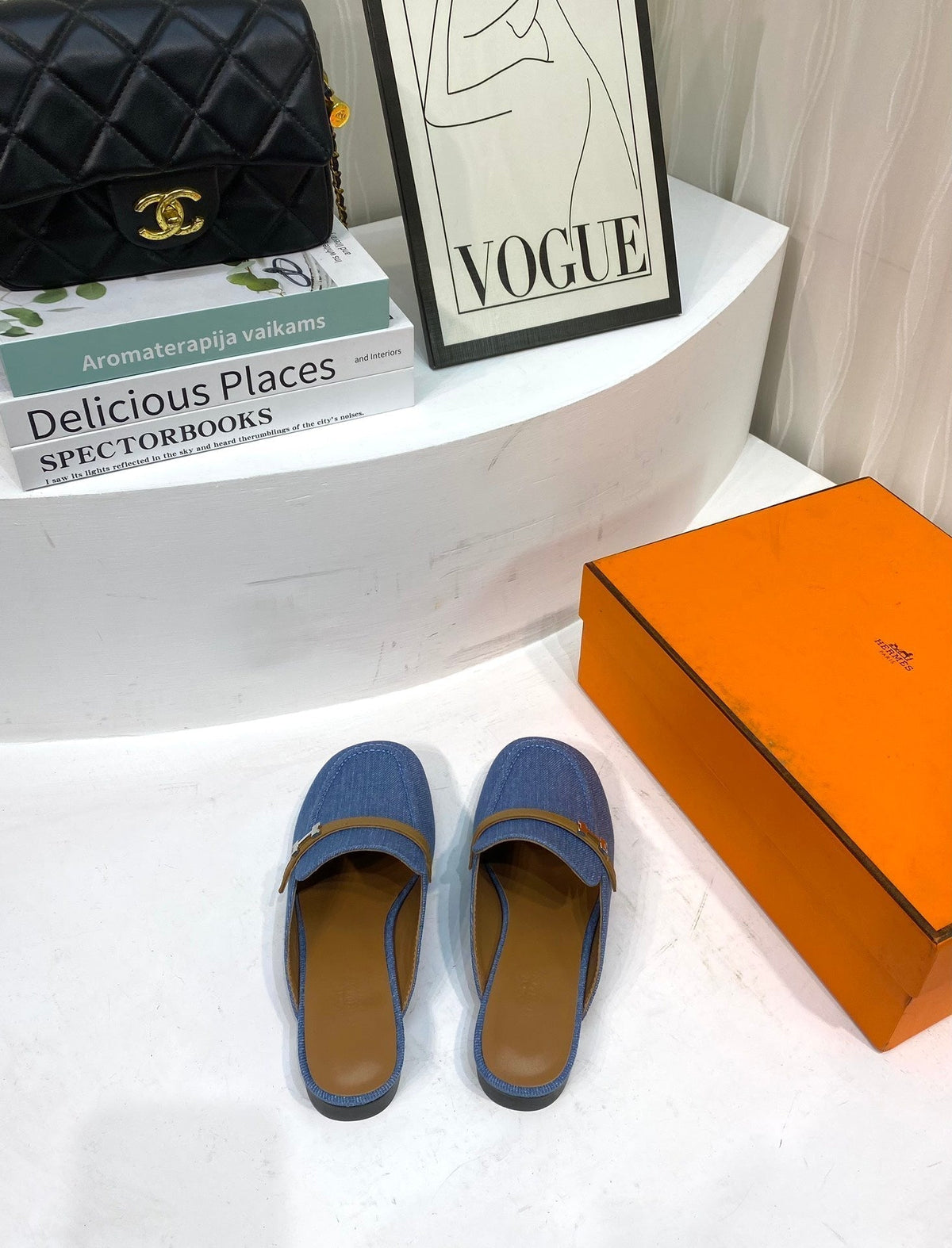 IENA MULE LAPIS CANVAS AND CARAMEL CALFSKIN