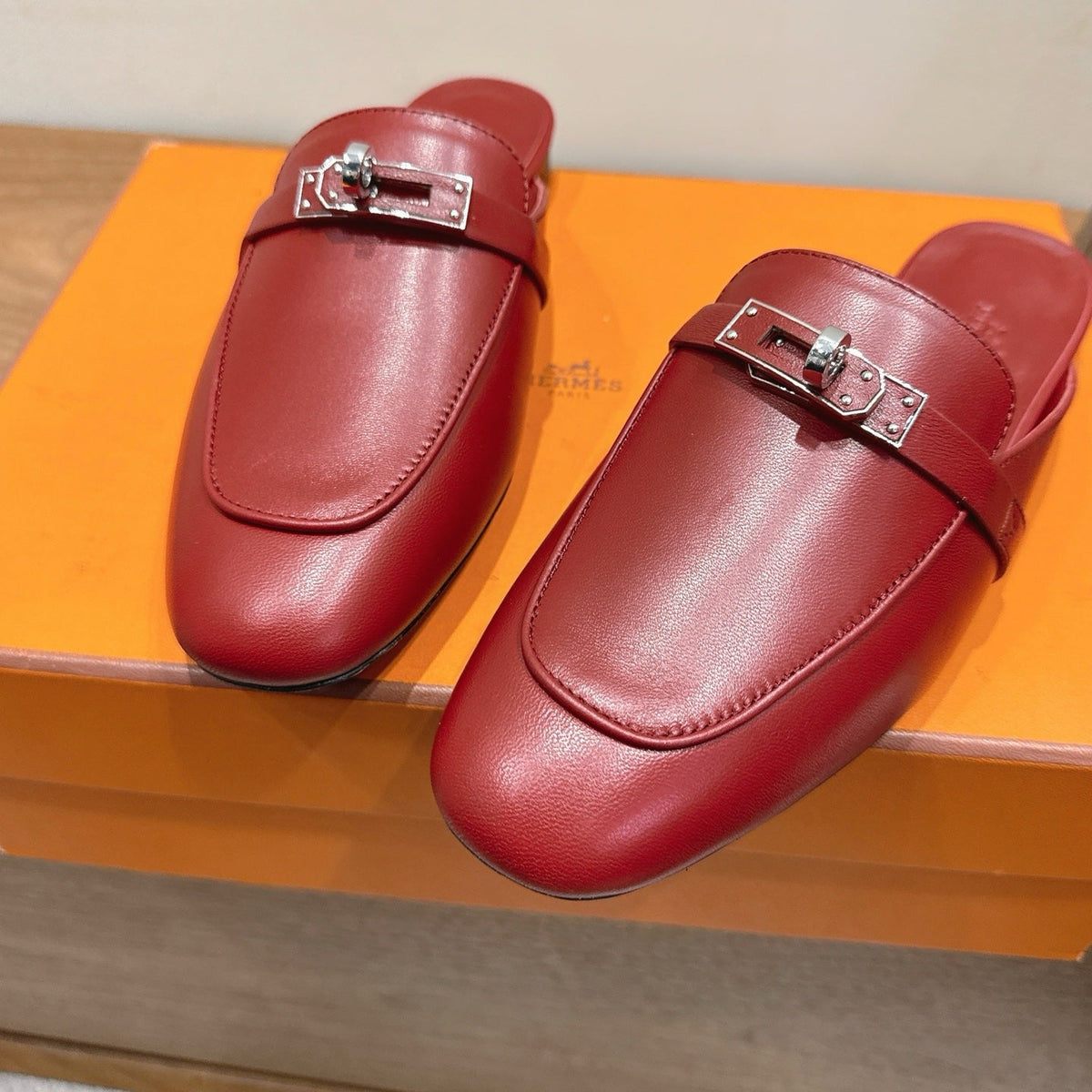 HM 26s Kelly Mule In Dark Red Calfskin Silver Hardware