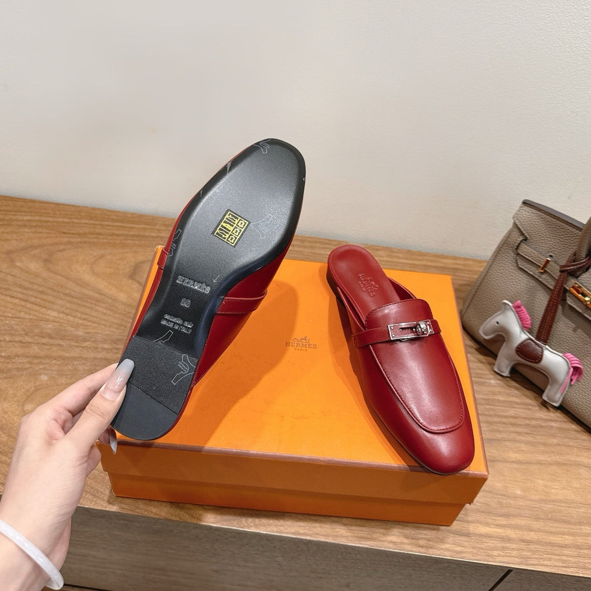 HM 26s Kelly Mule In Dark Red Calfskin Silver Hardware