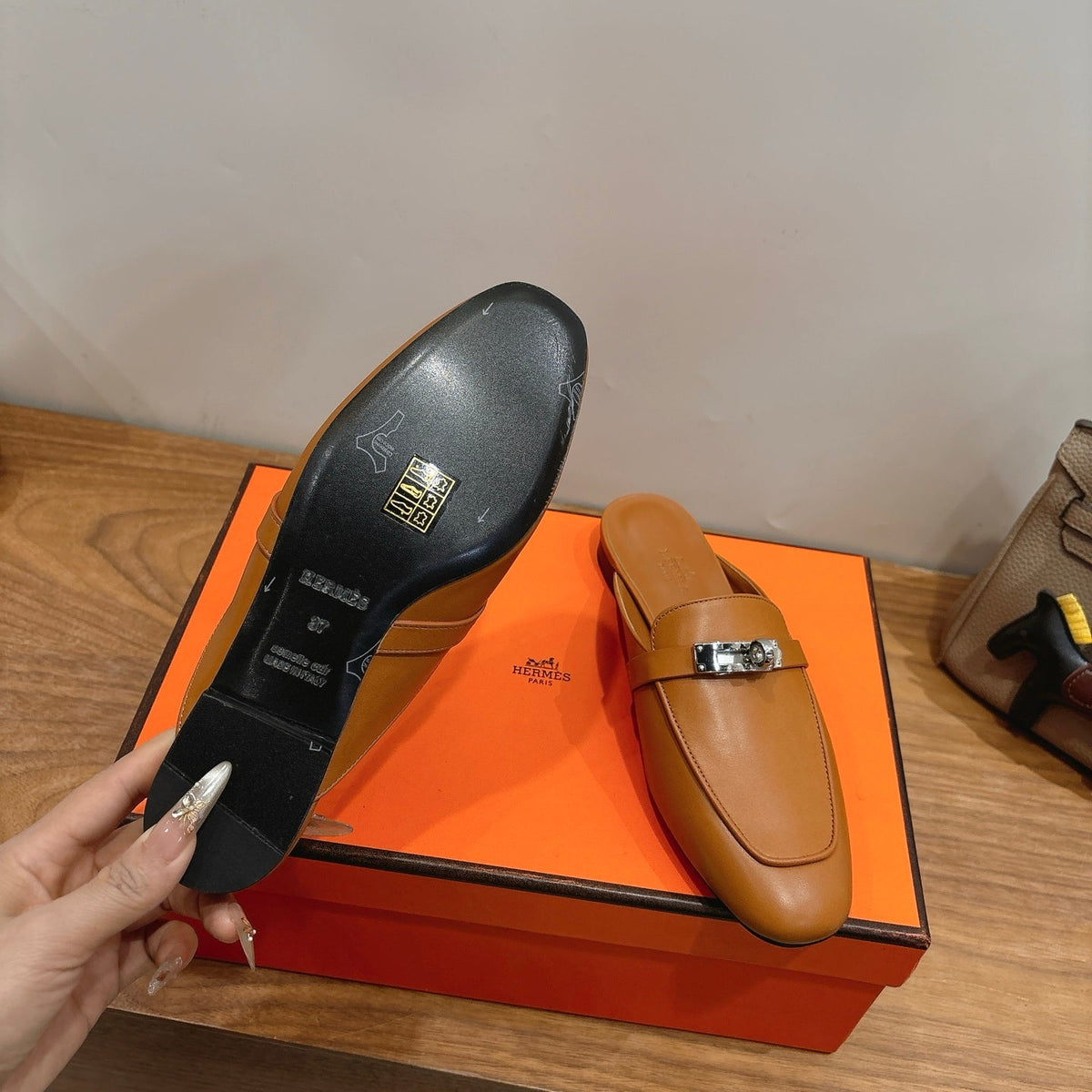 HM 26s Kelly Mule In Brown Calfskin Silver Hardware