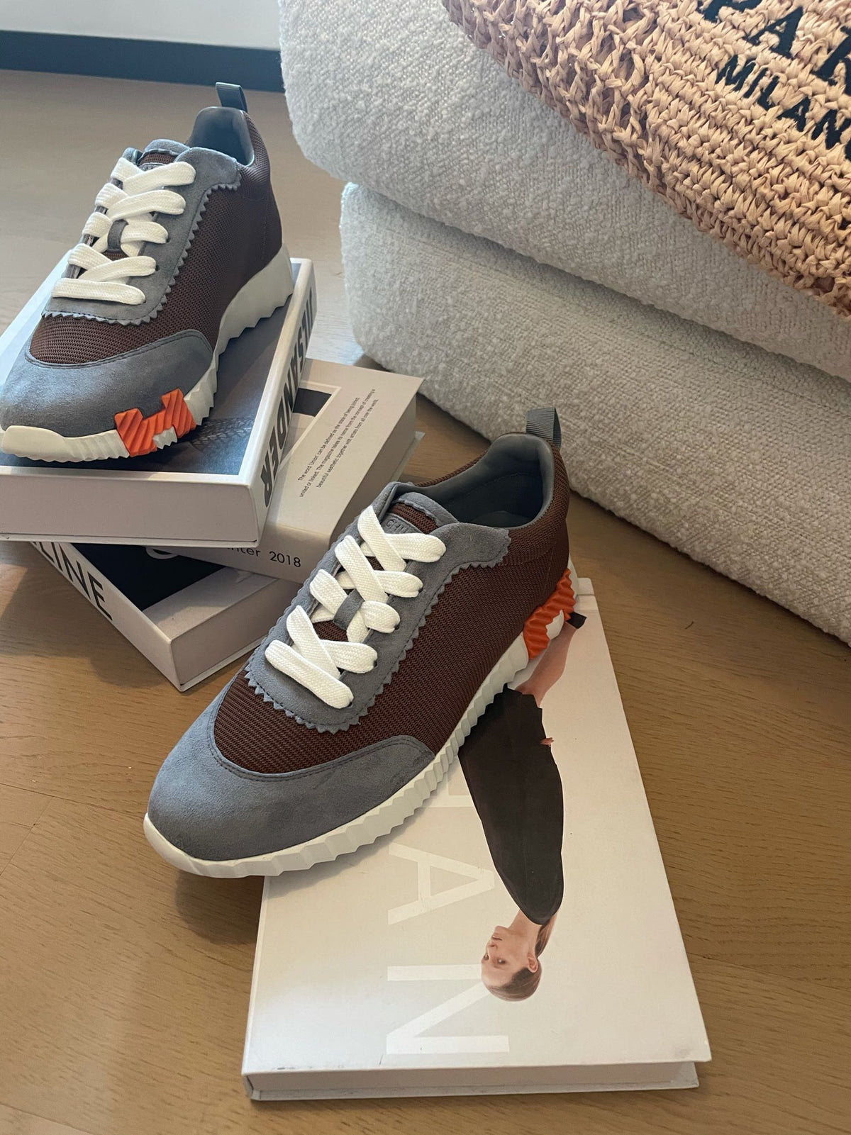 HM Bouncing 35 Sneakers Chocolate Canvas Grey Suede Goatskin H Orange