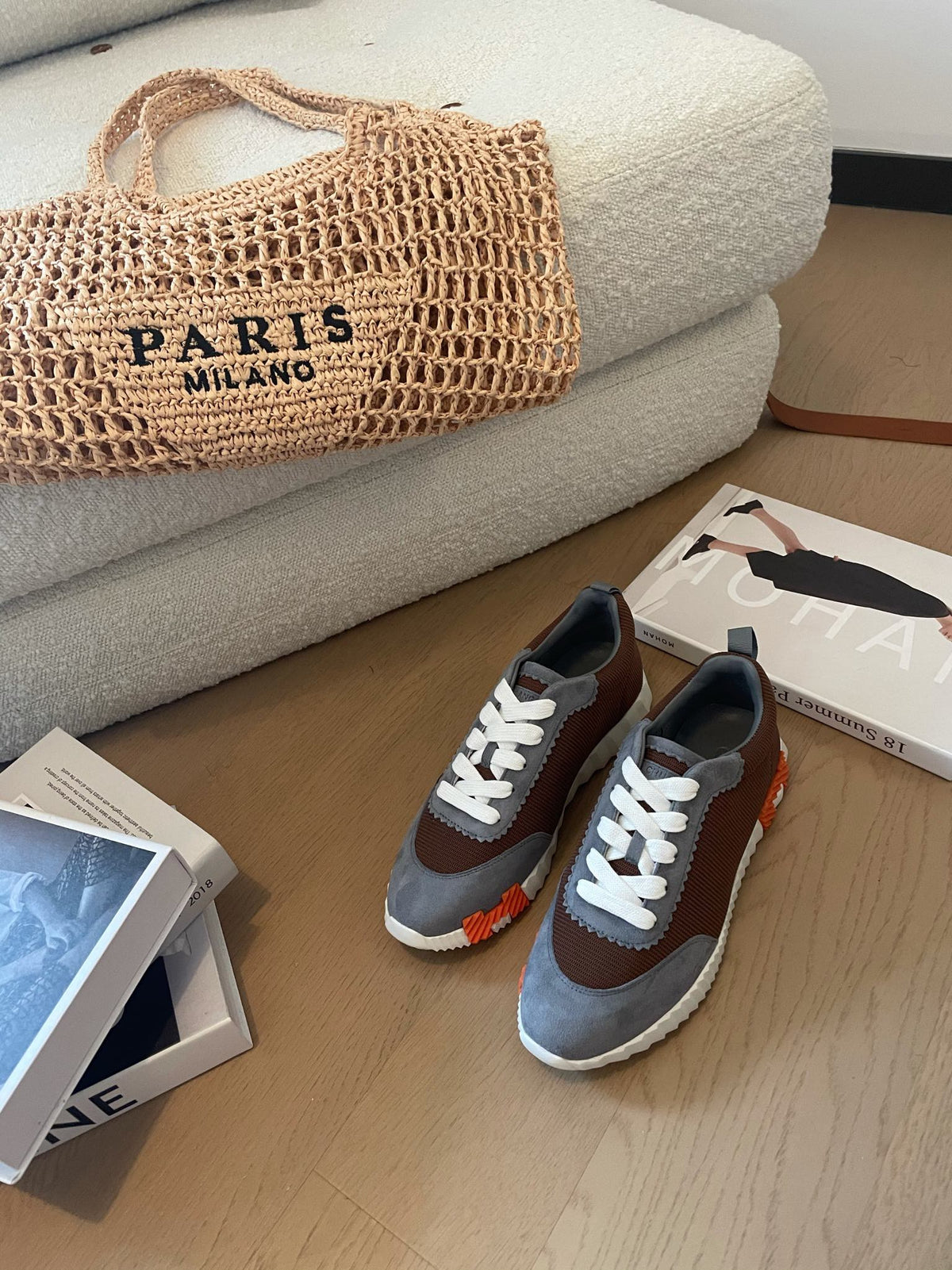 BOUNCING SNEAKERS GRAY MIX BROWN CALFSKIN