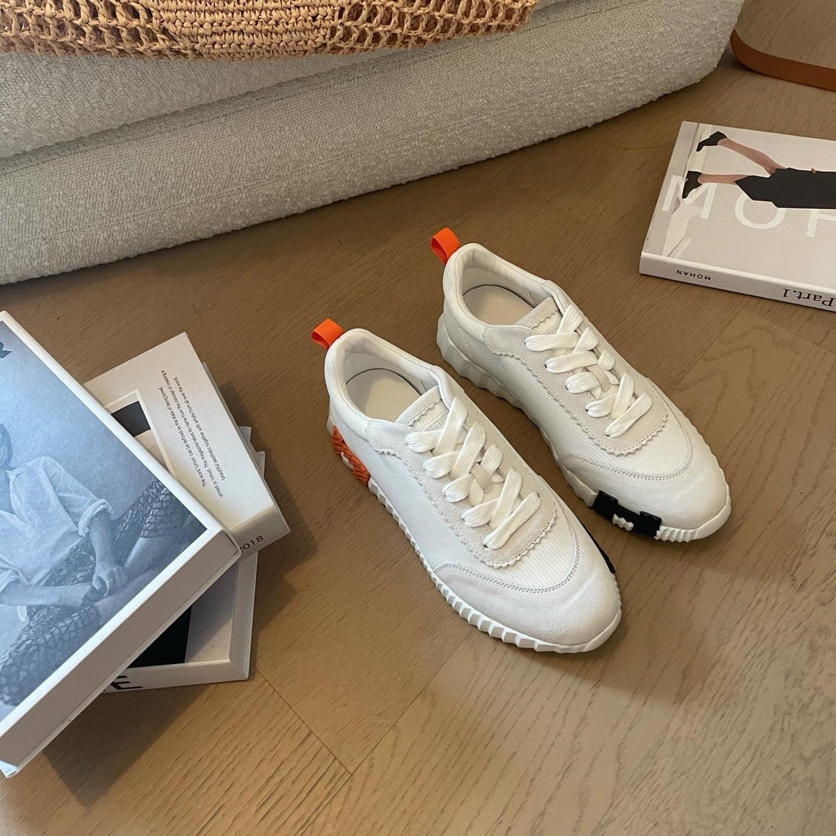 HM Bouncing 35 Sneakers White Canvas & Suede Goatskin H Black Orange