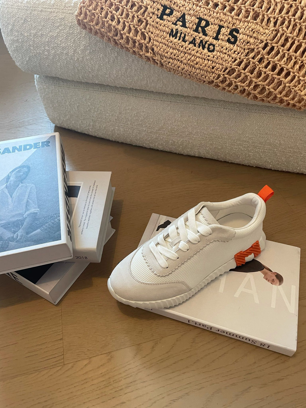 HM Bouncing 35 Sneakers White Canvas & Suede Goatskin H Black Orange