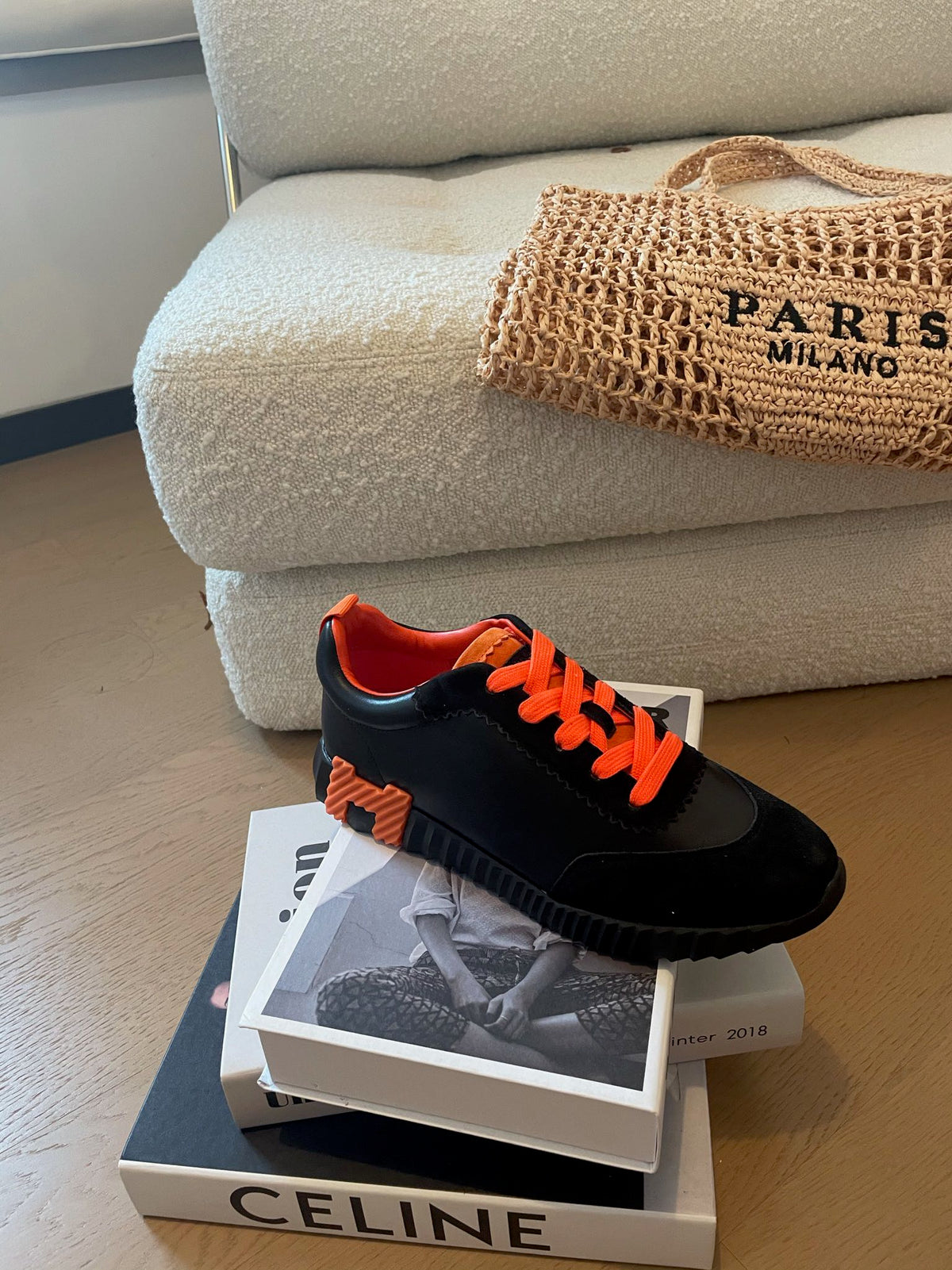 HM Bouncing 35 Sneakers Black Goatskin & Suede Goatskin Orange H Orange