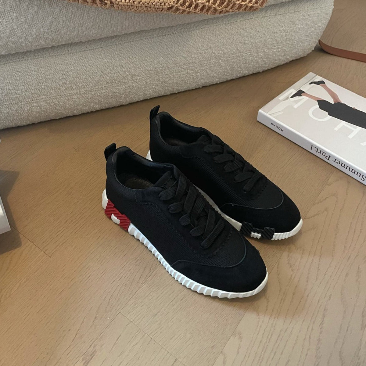 HM Bouncing 35 Sneakers Black Canvas & Suede Goatskin H Burgundy Black