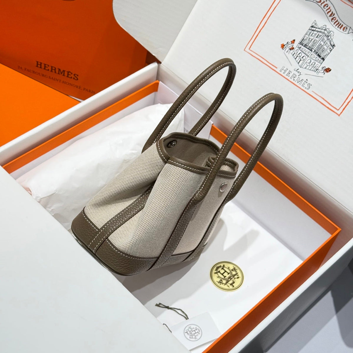 HM Garden Party Mini 23cm Bag Etoupe Togo Cream Canvas