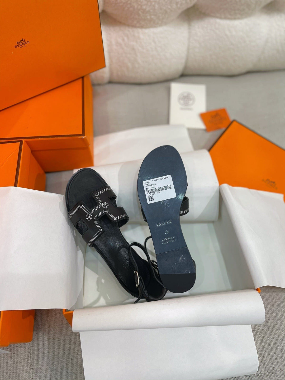santorini sandal black calfskin white thread embroidered