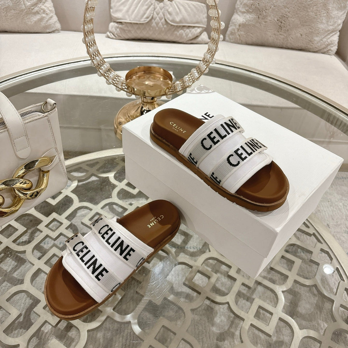 Celine 26 Pitea Sandals Jacquard Cotton Fabric Leather 736580