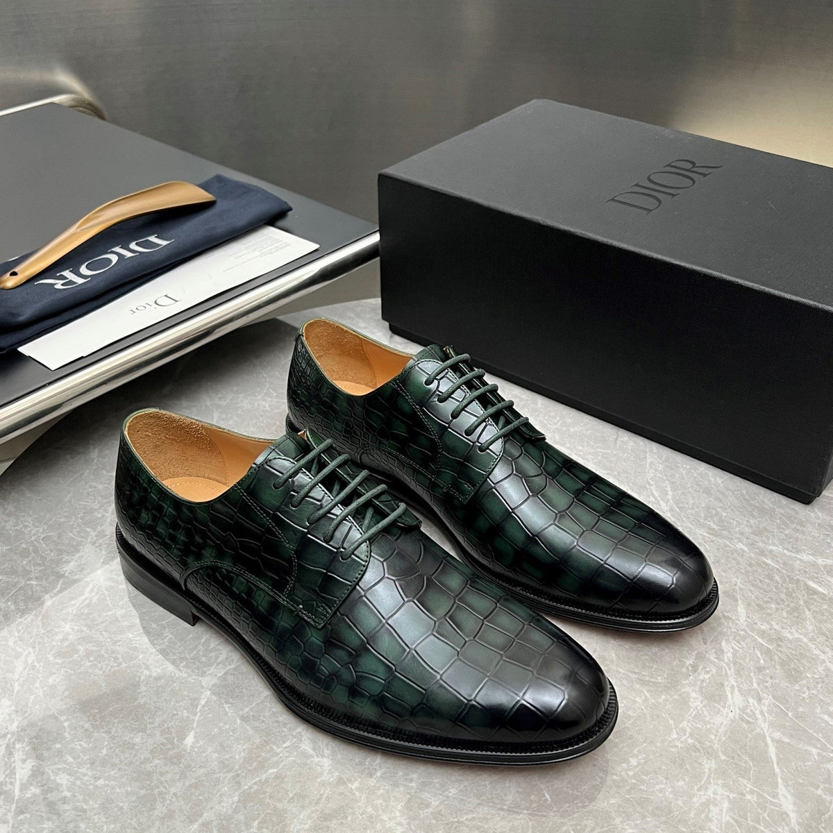 CD Timeless Derby Men’s Loafer Green Crocodile-Embossed Pattern