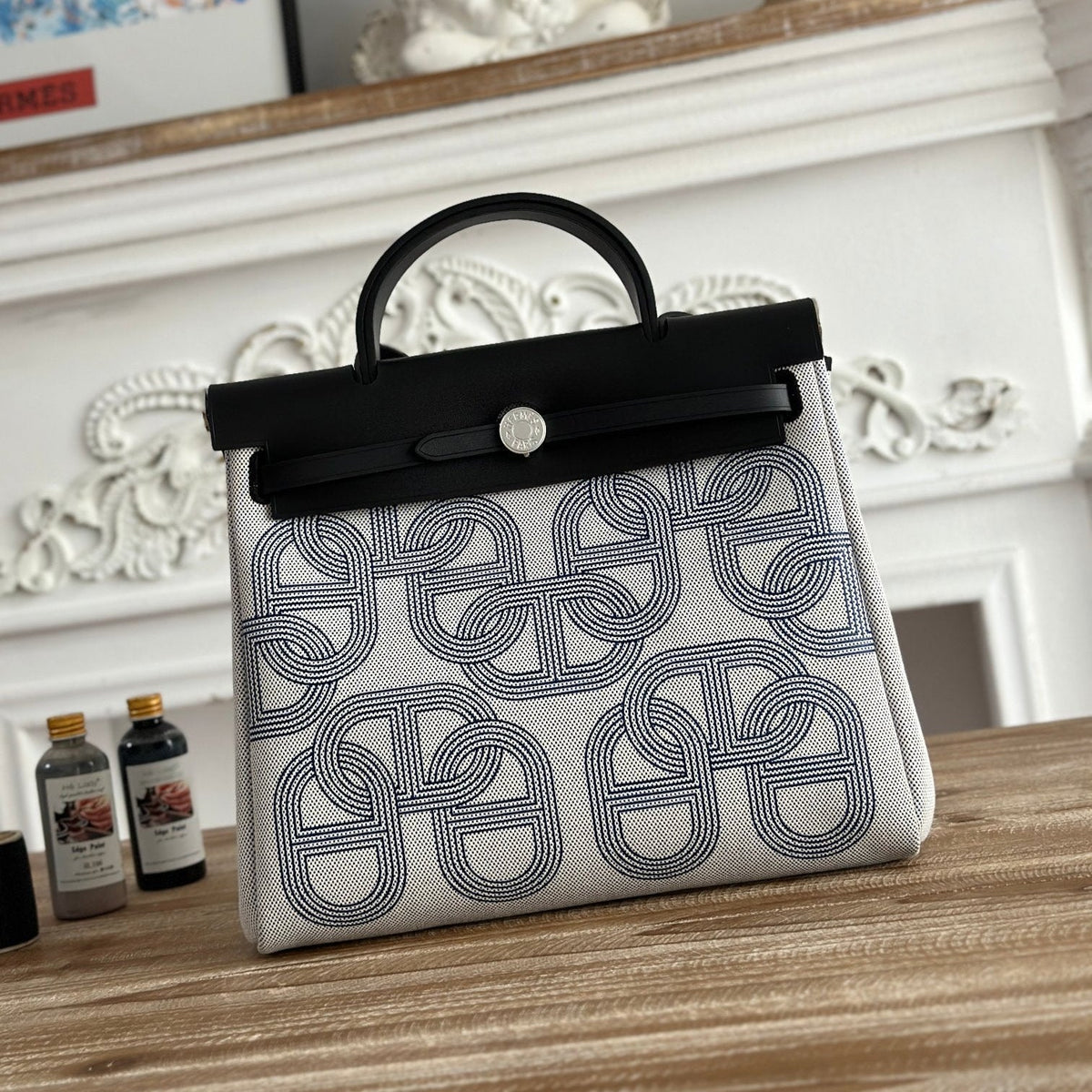 HERBAG ZIP 31 LAQUERED BAG IN OFF-WHITE MIX BLUE H PLUME CANVAS