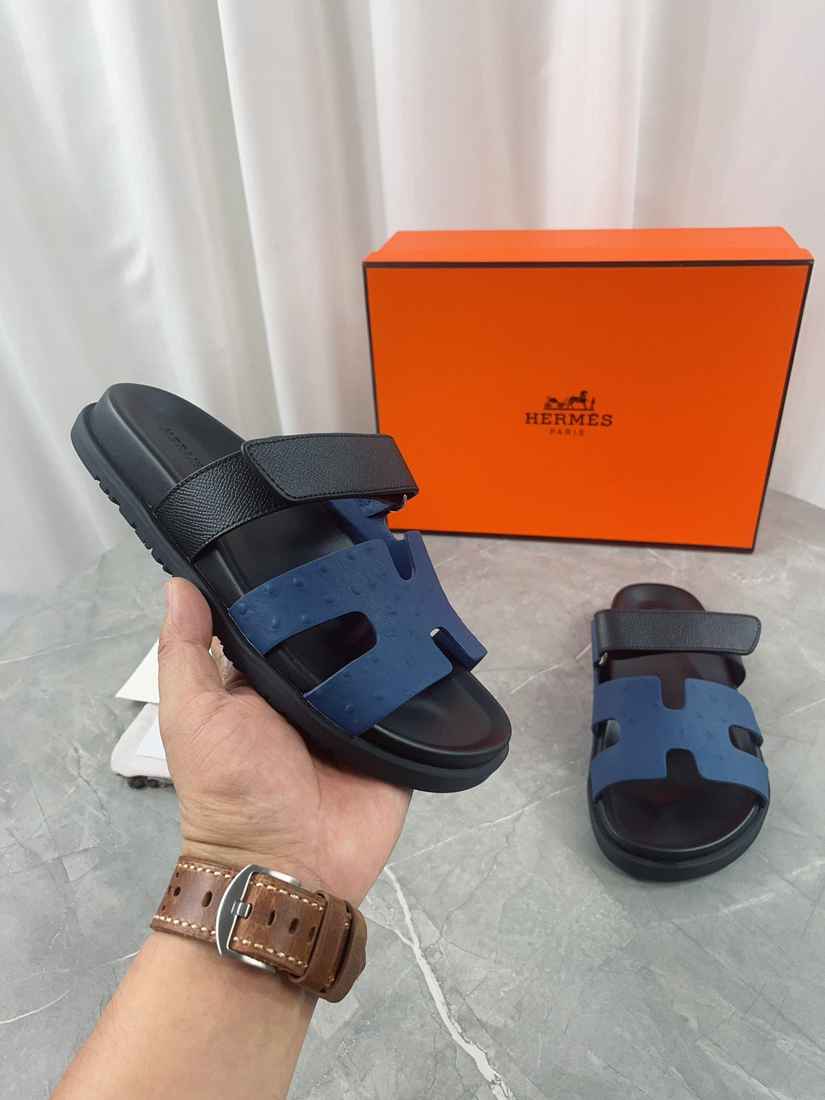 chypre sandal black blue calfskin