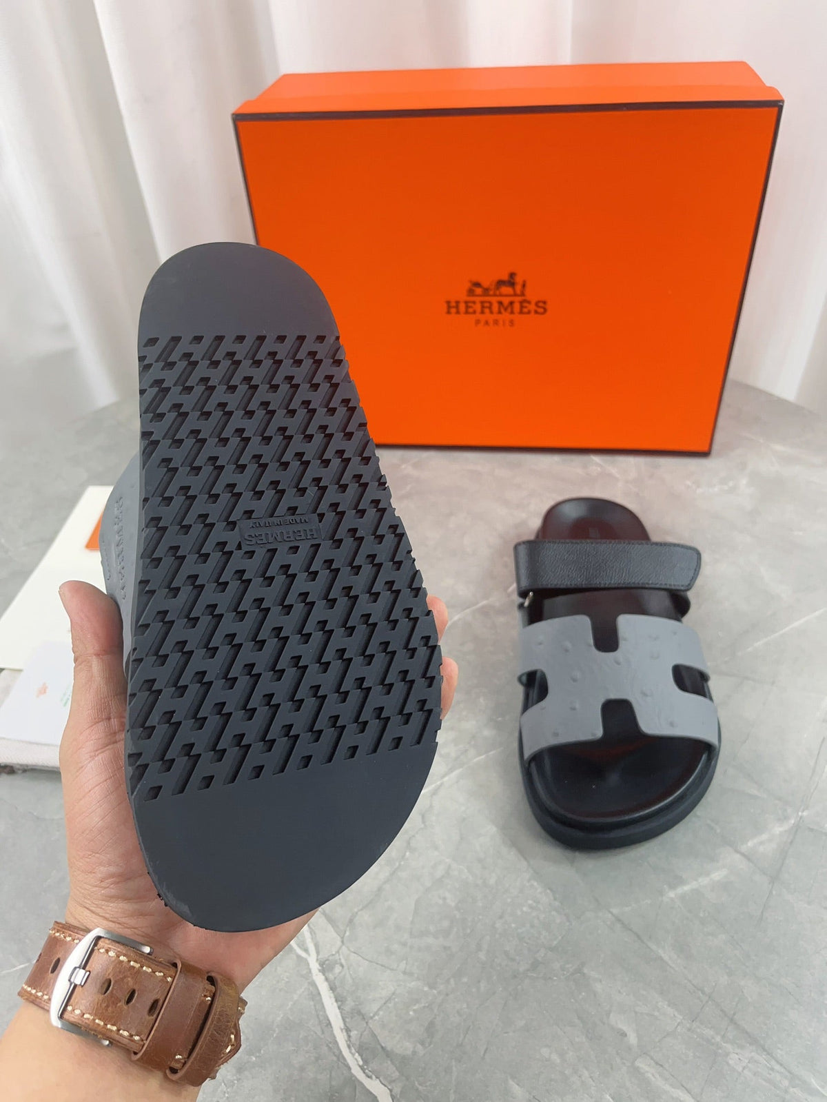 chypre sandal black grey calfskin