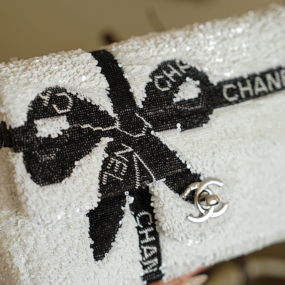 CC 2025 Bow Flap Bag White Black Sequin 308598