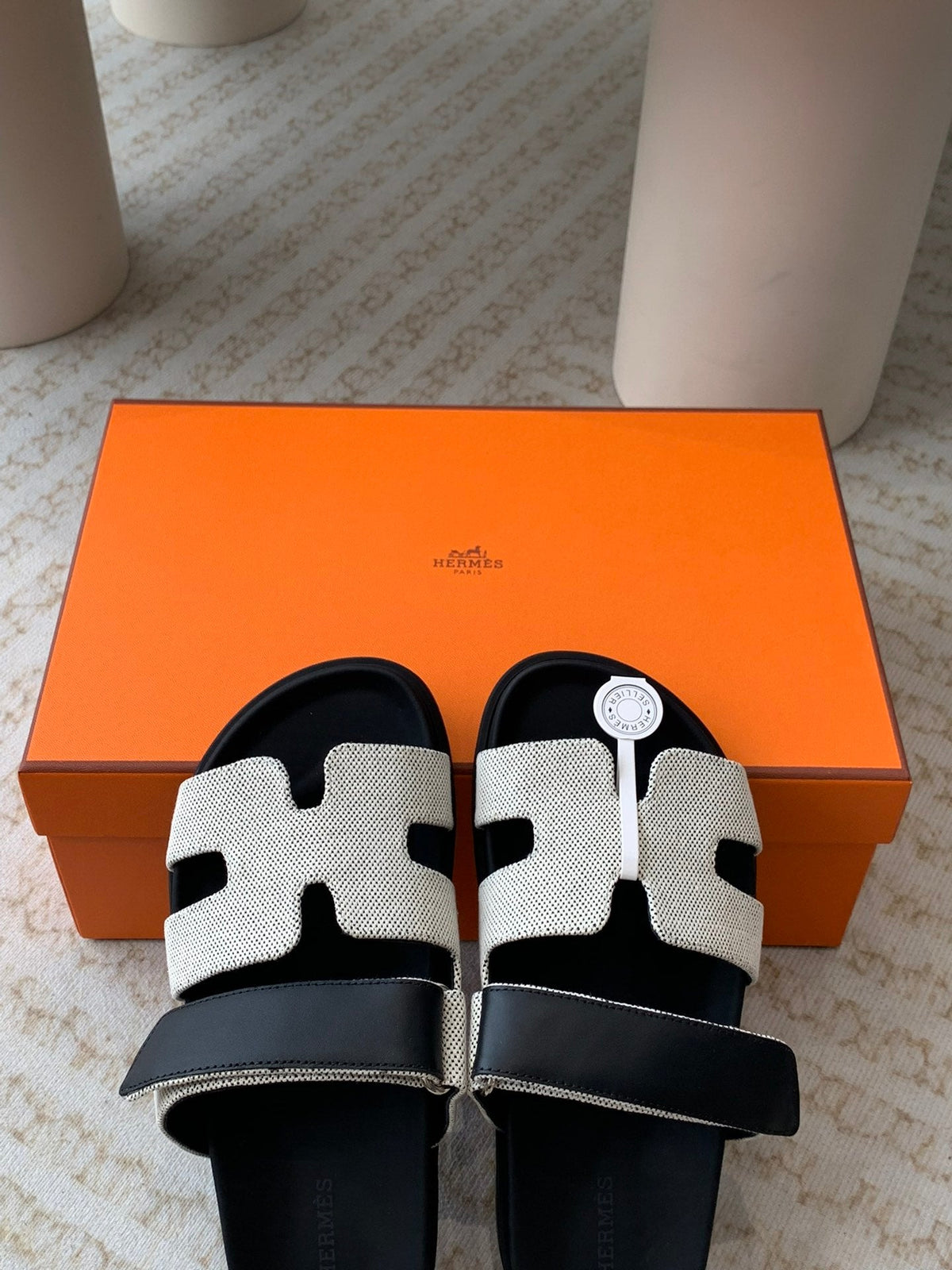 chypre sandal white canvas black calfskin