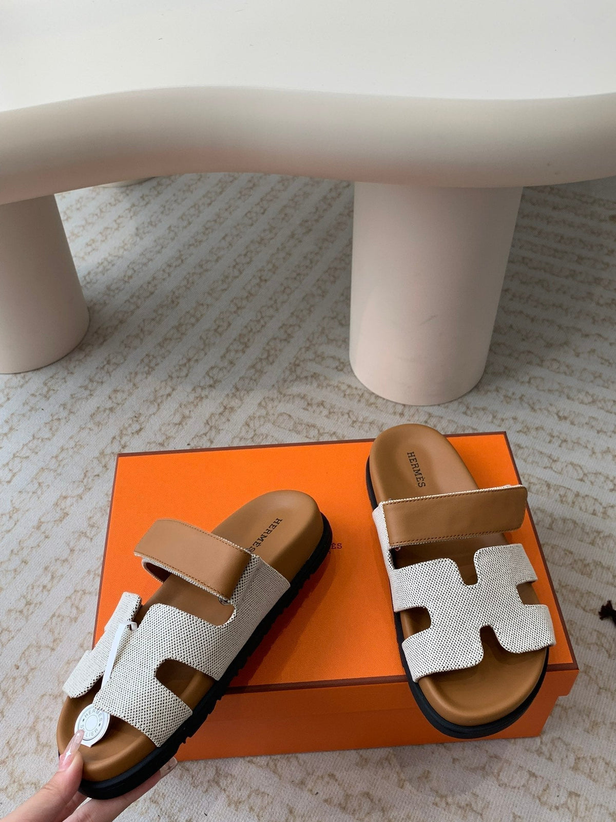 chypre sandal white canvas brown calfskin